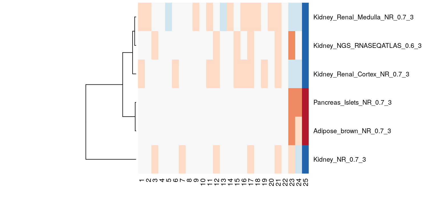 BioQC scores (defined as abs(log10(p))) of the samples visualized in heatmap. Red and blue indicate high and low scores respectively.
